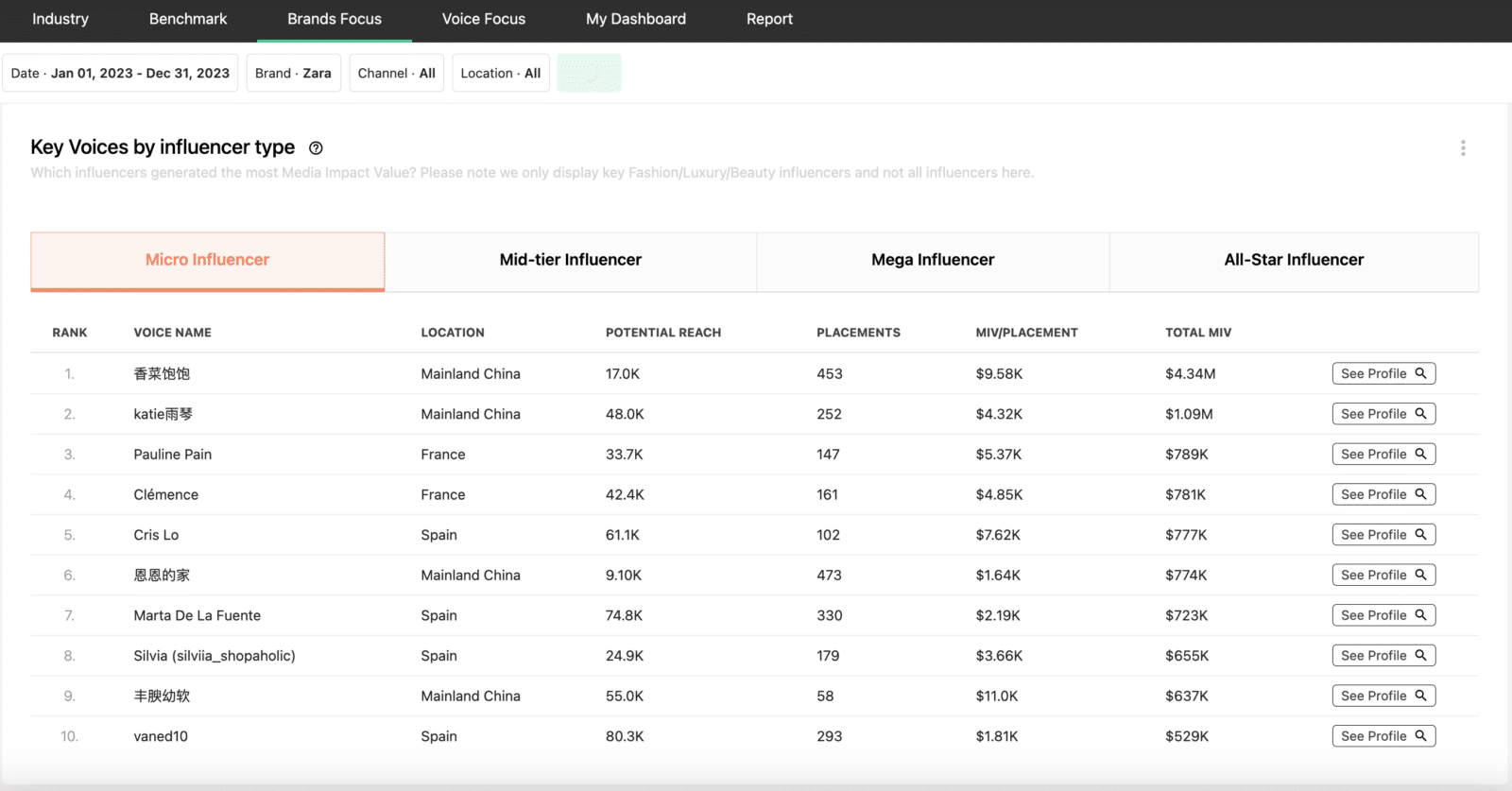 ROI del influencer por tipo