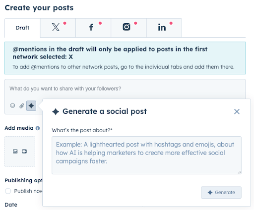 написание постов в социальных сетях в Hubspot с помощью помощника AI