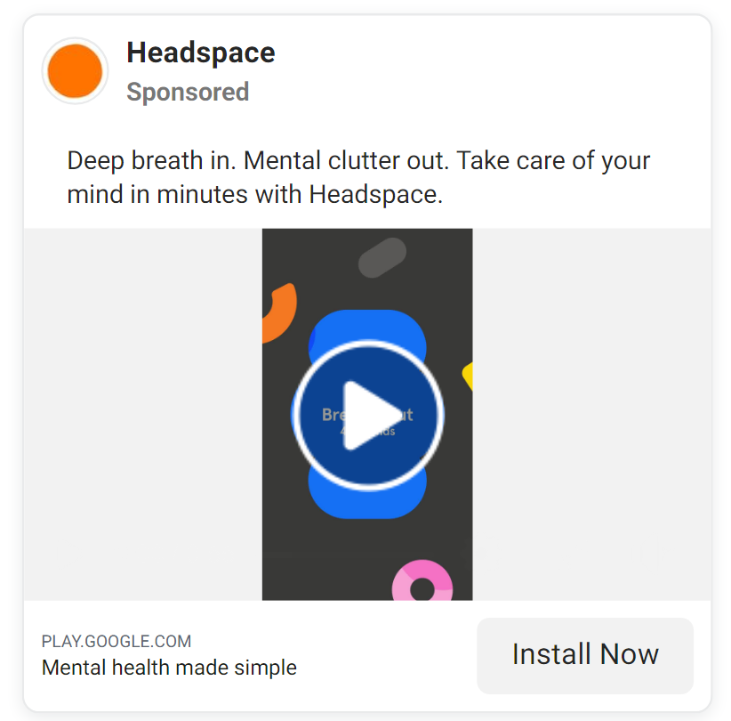 Publicación social de Headspace con un video incrustado y cta para instalar la aplicación