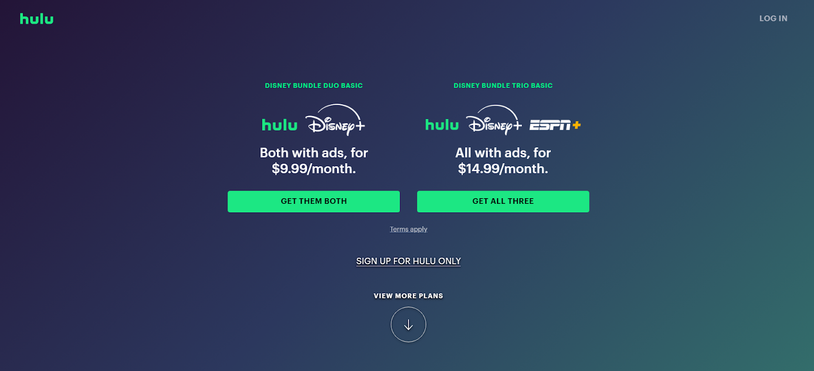 Regístrate en Hulu y muestra opciones de paquetes para agregar en Disney+ o ESPN+