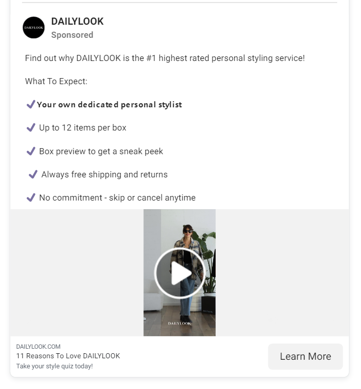 Publicación social de Dailylook con un video y CTA para obtener más información