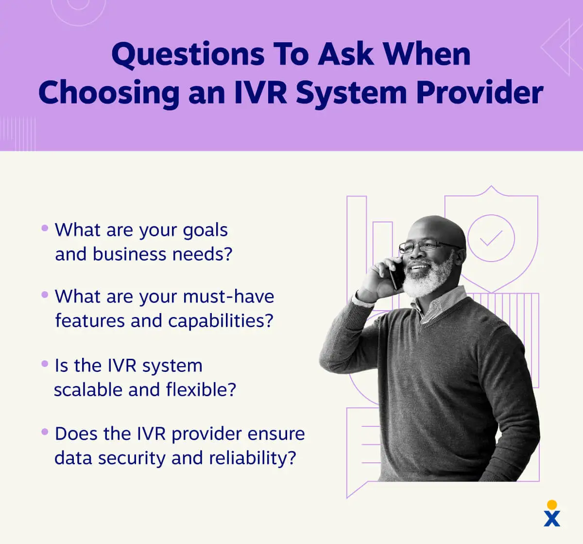 一個打電話的人站在選擇最佳 IVR 系統提供者時要詢問的問題清單旁邊。