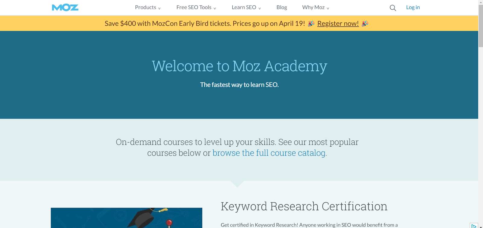 Pagina de destinație Moz Academy, curs SEO