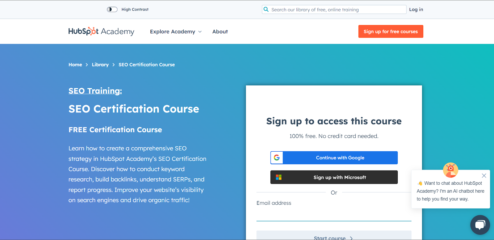 Landingpage der HubSpot Academy: Der SEO-Kurs der HubSpot Academy