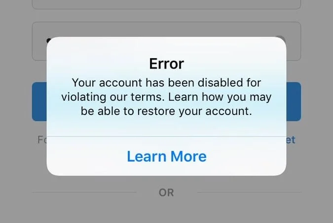 Сообщение об ошибке, когда ваша учетная запись отключена для покупки лайков в Instagram