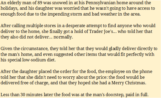 Exemplo de atendimento ao cliente do Trader Joe de um representante de atendimento ao cliente que entregava mantimentos