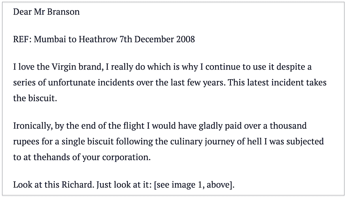 Carta de reclamação do cliente para Richard Branson
