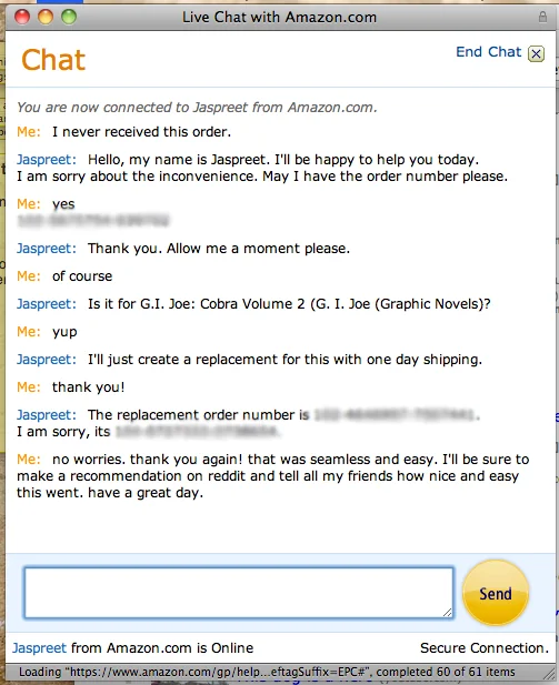Captura de tela do chat ao vivo com o representante de atendimento ao cliente da Amazon fornecendo um retorno super rápido
