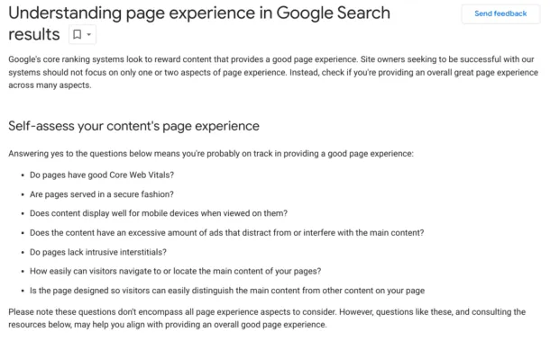 Captura de pantalla de "Comprensión de la experiencia de la página en los resultados de búsqueda de Google", Centro de búsqueda de Google.