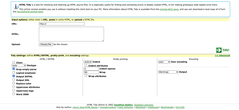 Captura de pantalla de la herramienta HTML Tidy.