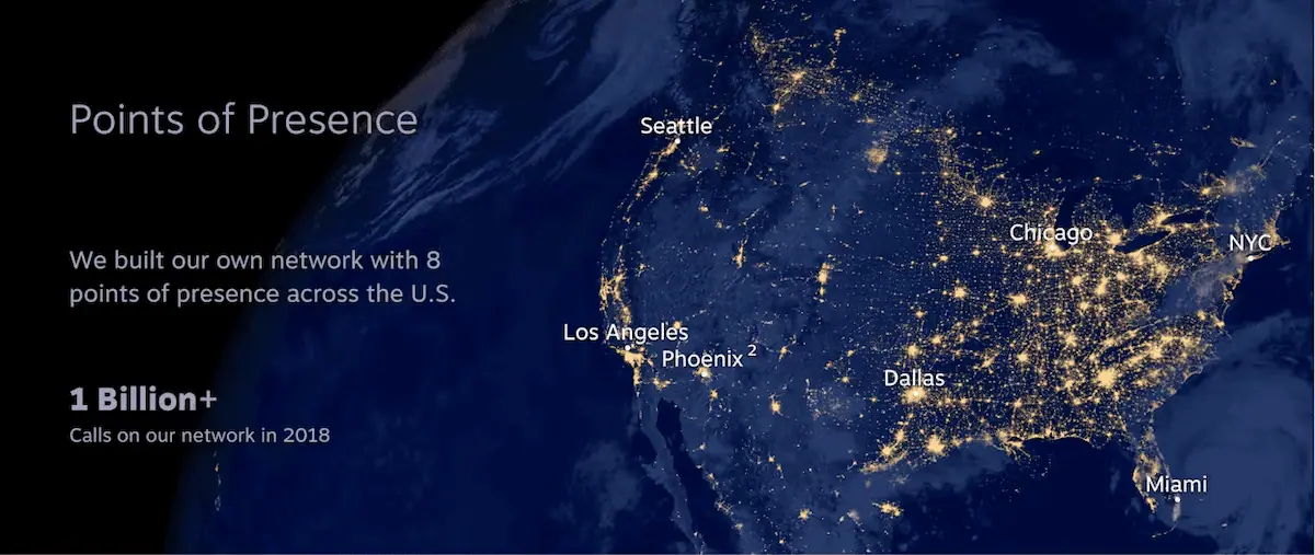 Mapa USA pokazująca osiem punktów obecności Nextiva w naszej własnej sieci