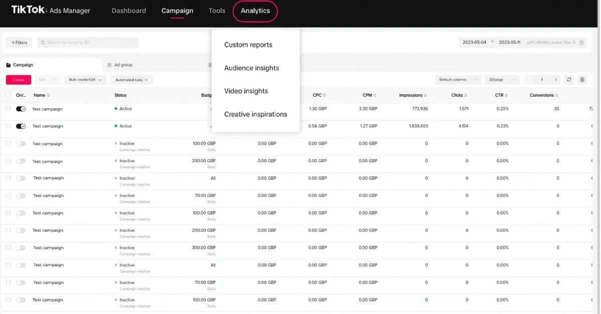Скриншот инструмента аналитики рекламной платформы TikTok.
