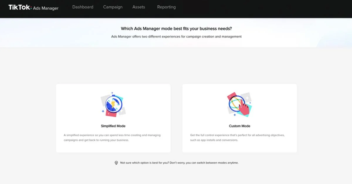 Скриншот рекламной платформы TikTok, на котором вы выбираете, какой режим Ads Manager лучше всего соответствует вашим потребностям.