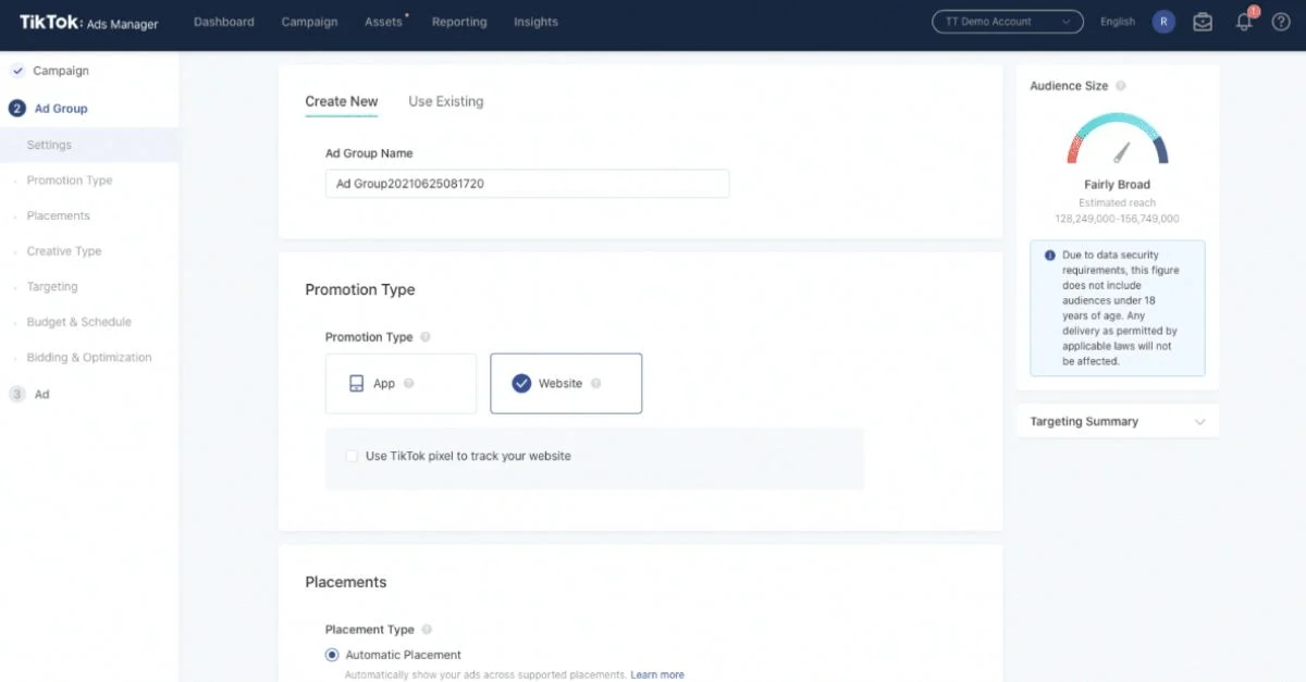Zrzut ekranu przedstawiający platformę reklamową TikTok podczas konfigurowania reklamy