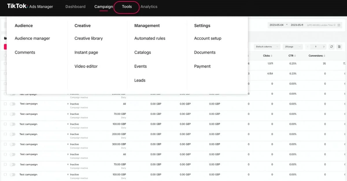 Uma captura de tela do menu de ferramentas da plataforma de anúncios TikTok