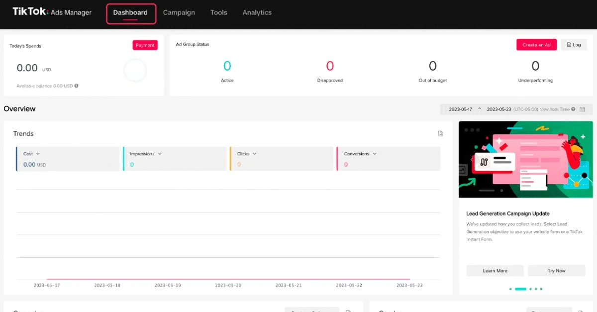 TikTok reklam platformu kontrol panelinin ekran görüntüsü