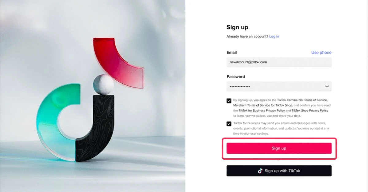 Uno screenshot della pagina di registrazione di TikTok
