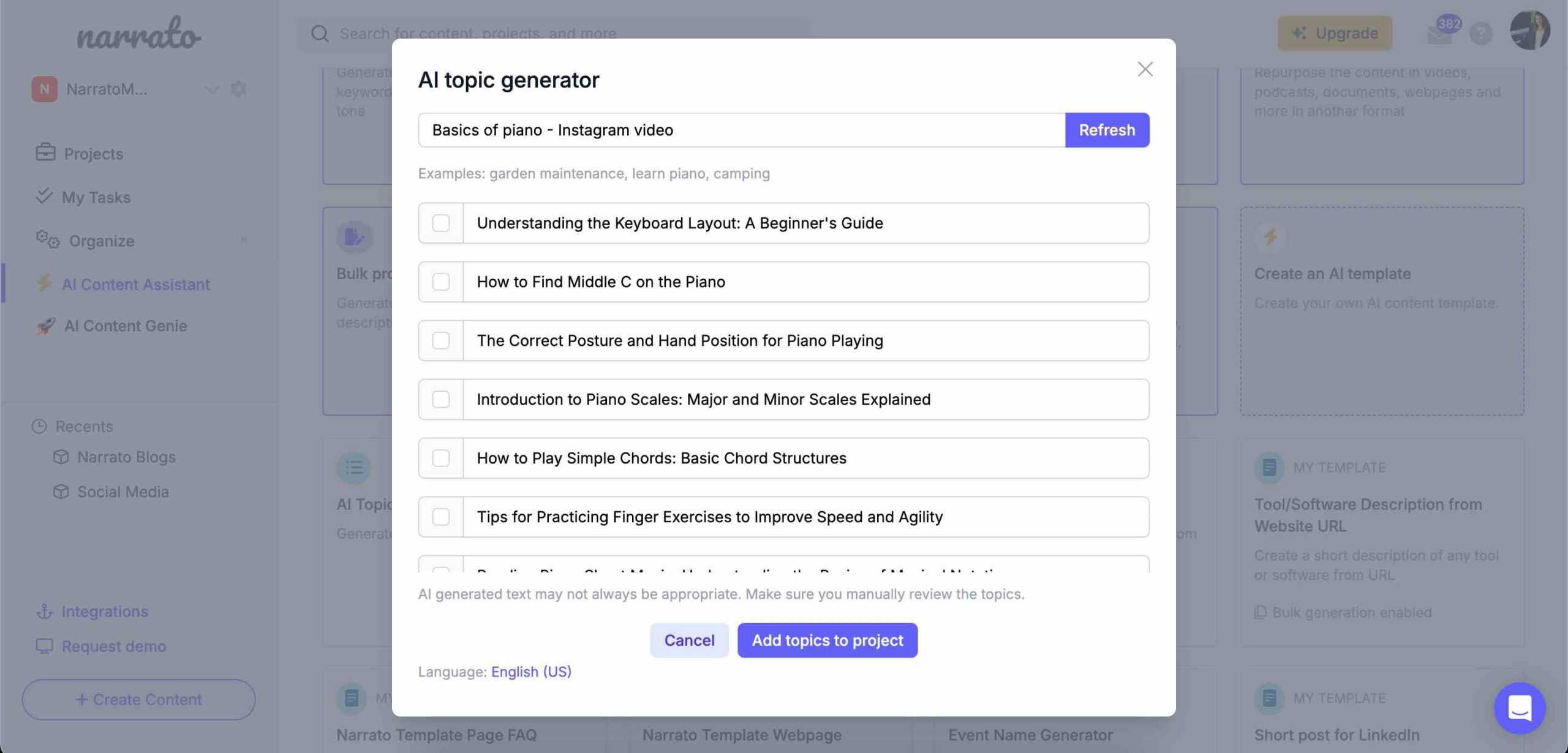 Usando o gerador de tópicos de IA para ideias de vídeos do Instagram