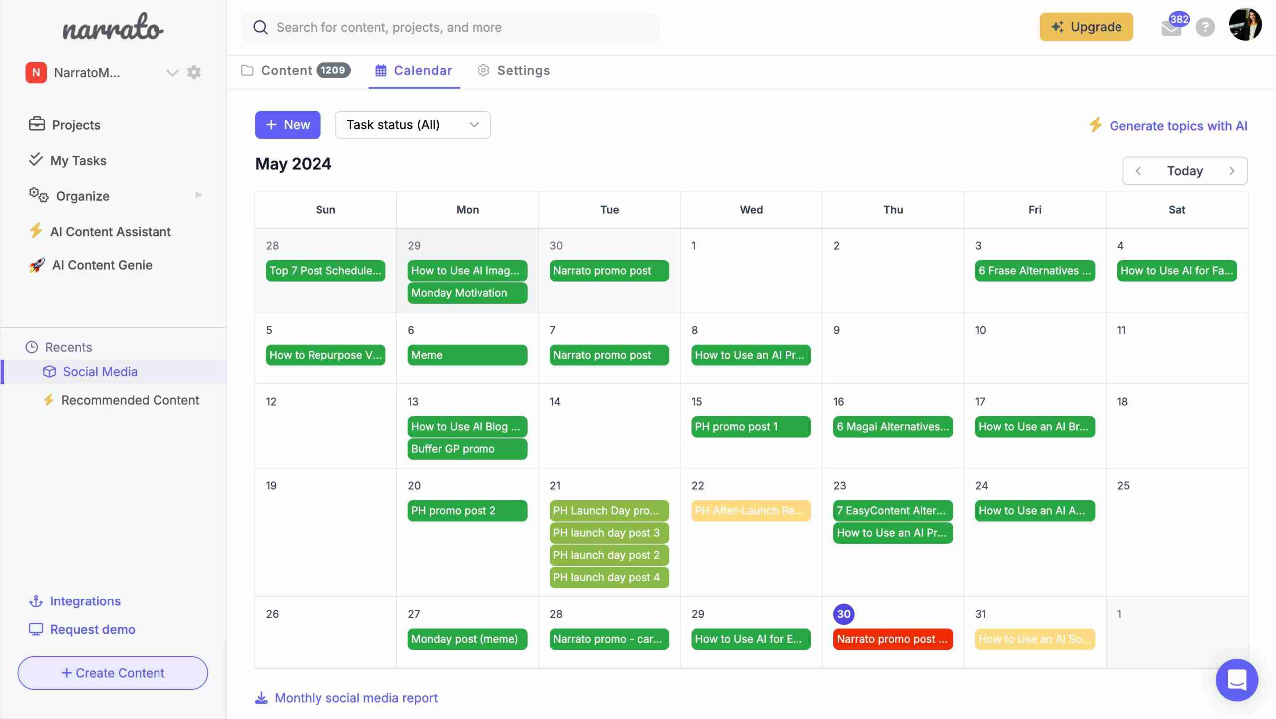 Calendario de contenidos en Narrato