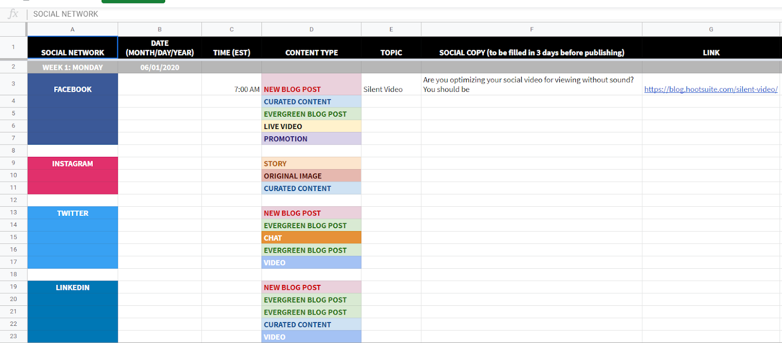 Hootsuite de calendar de conținut instagram