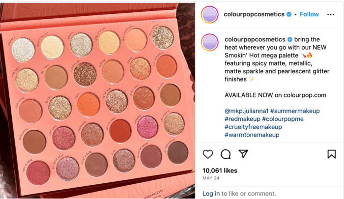 publicación de colourpopcosmetics en instagram