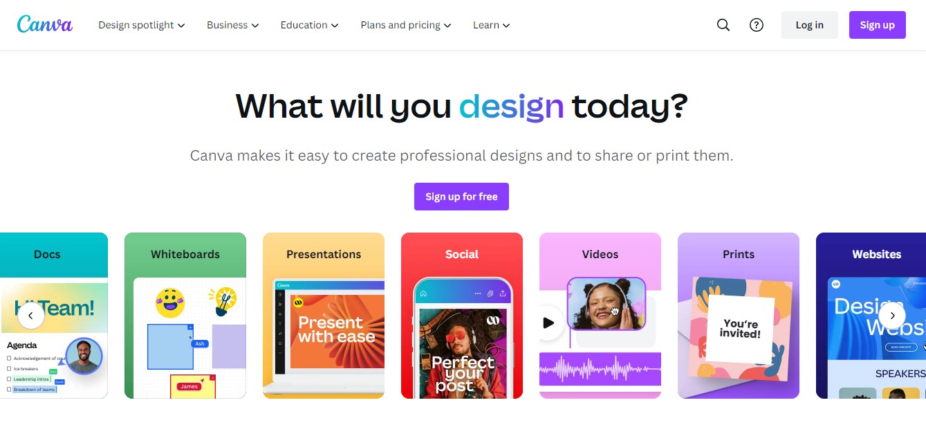 AI Social Media Tools: screenshot della home page di Canva