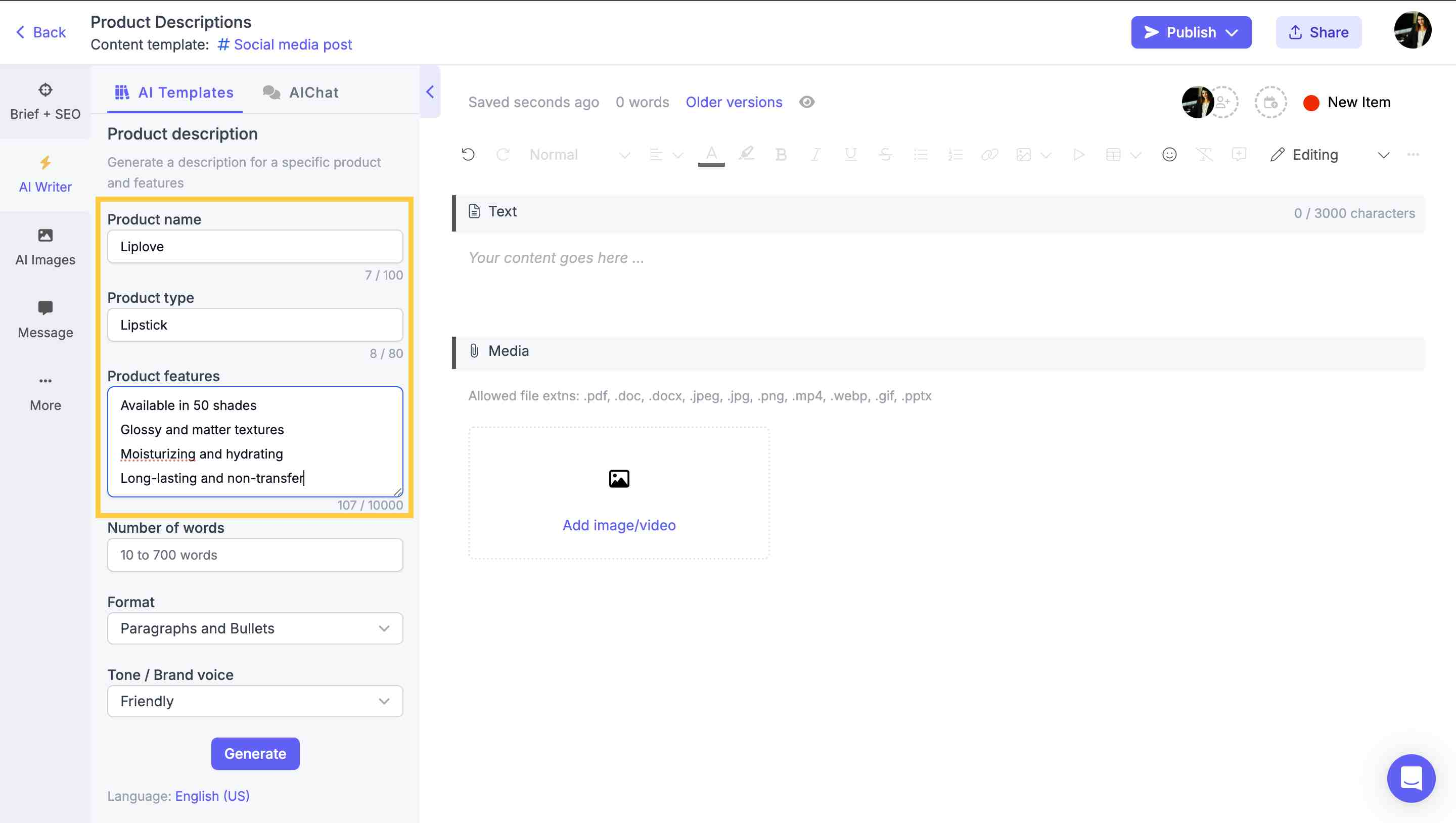 Spécifier les détails du produit au générateur de description de produit AI