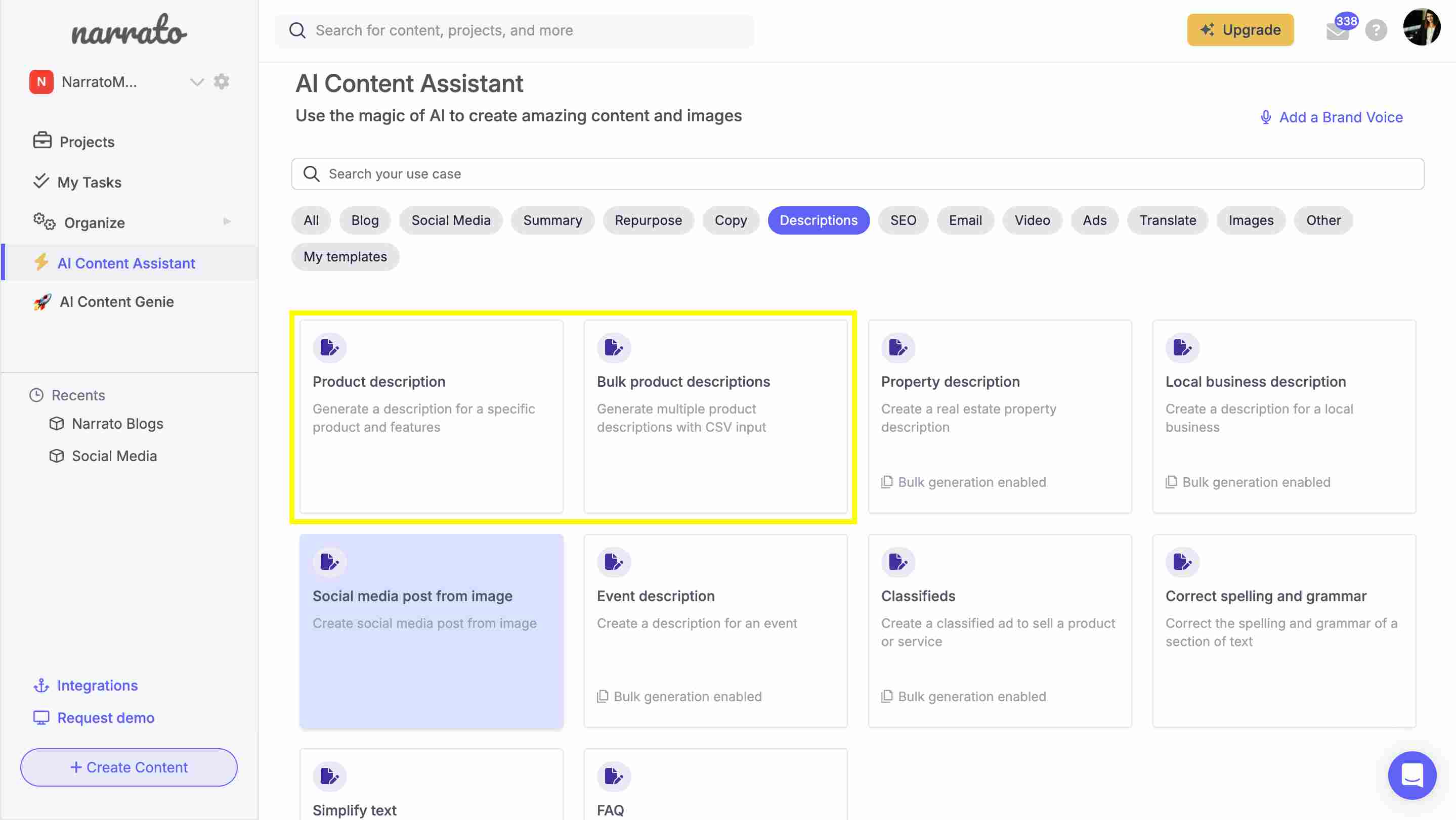 Générateurs de descriptions de produits IA sur l'assistant de contenu IA de Narrato