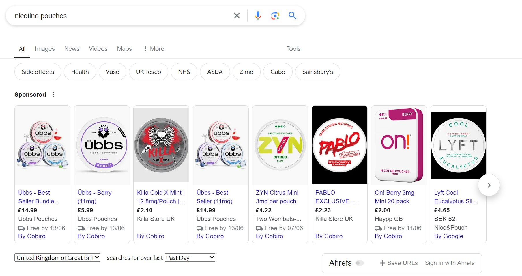 Strona wyników SGE Google Shopping dotycząca saszetek nikotynowych