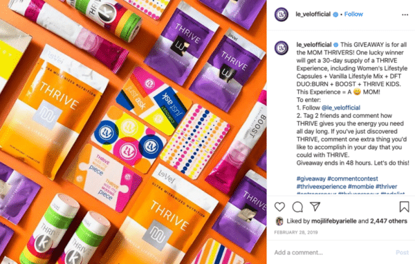 来自 Le-Vel Brands 产品和礼品卡的 Instagram 病毒式赠品帖子