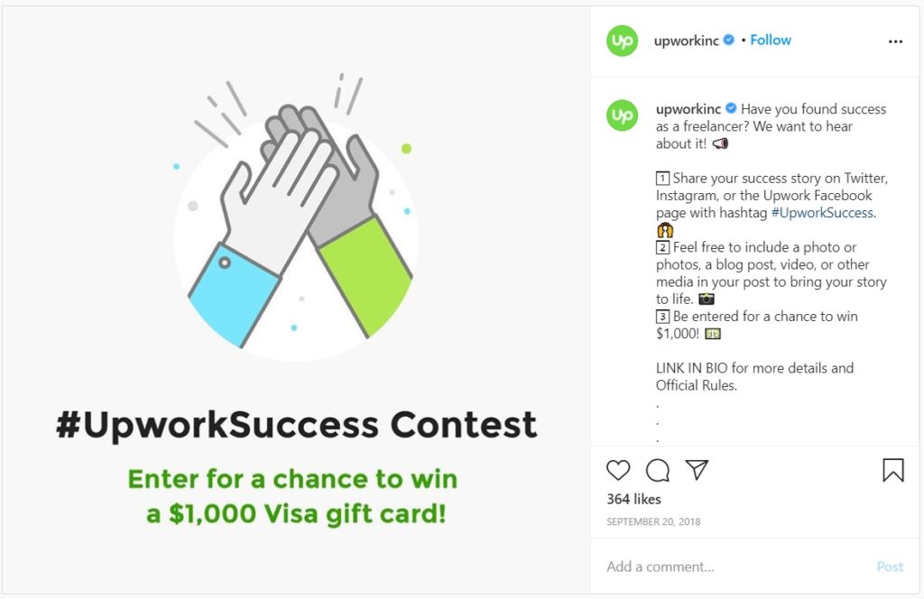 Concorso di successo di Upwork su Instagram