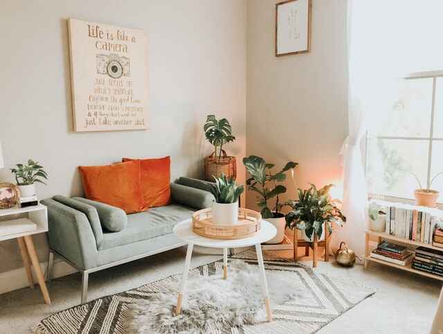 Un salon confortable avec des plantes d'intérieur, un décor de couleur terre et un canapé confortable.