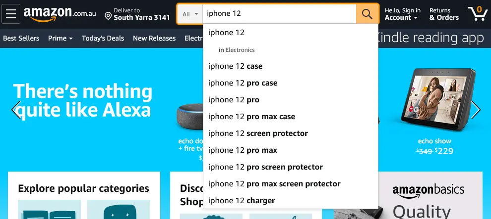 Pencarian iPhone 12 di situs web Amazon