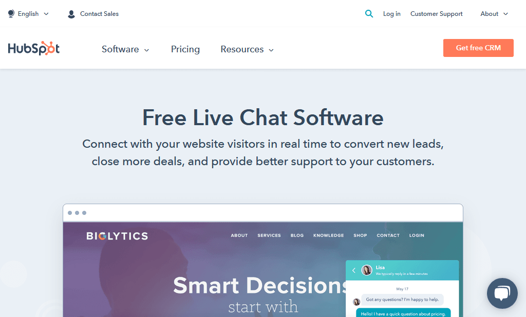 Pagina principală a software-ului HubSpot pentru chat în direct gratuit