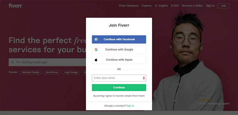 Fiverr 로그인 양식