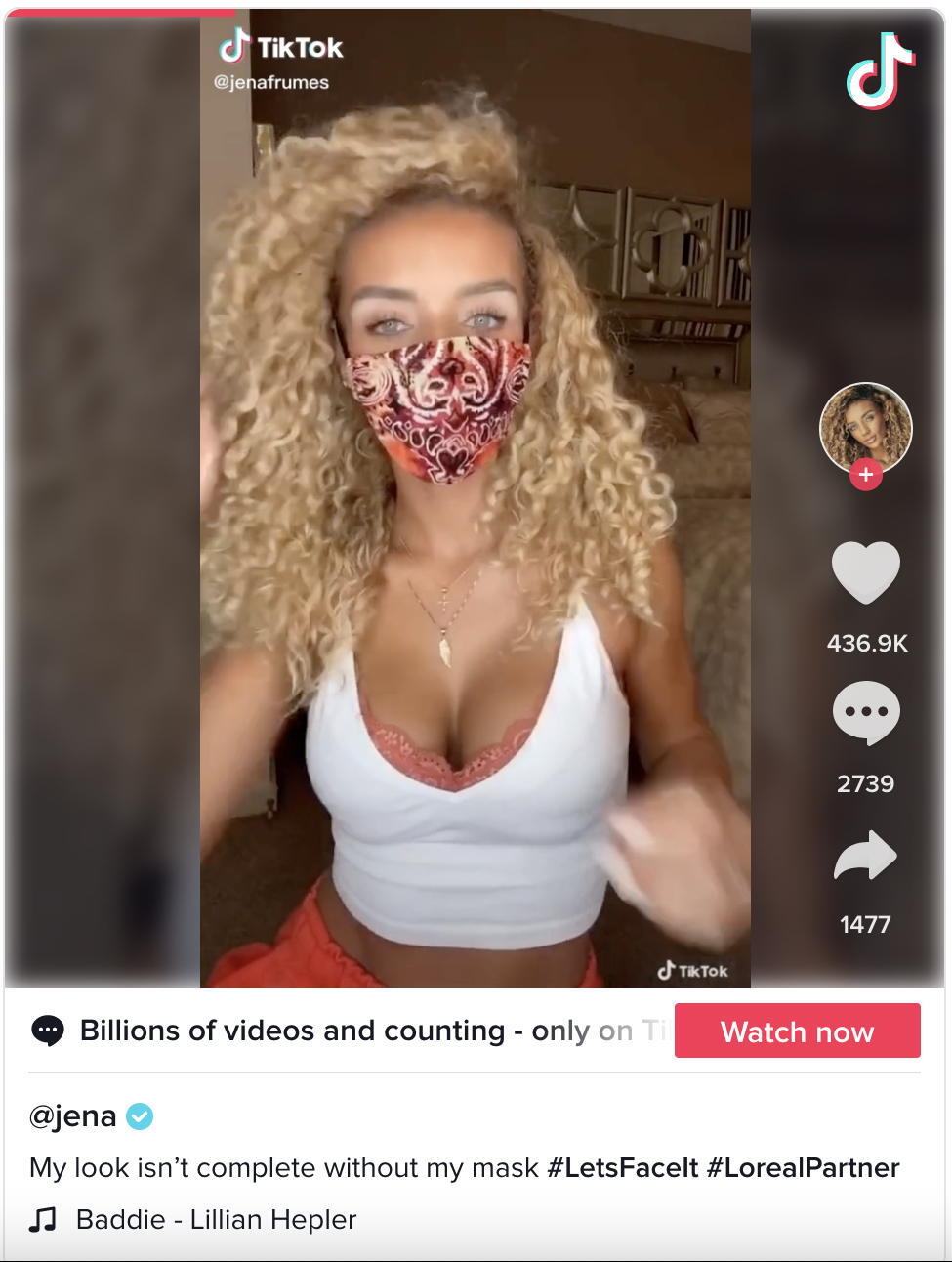 Screenshot of Tiktok post from @jena in support of L'Oreal's #LetsFaceIt campaign.