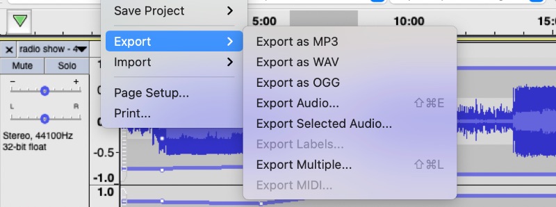 Audacityポッドキャストのエクスポートファイルメニュー