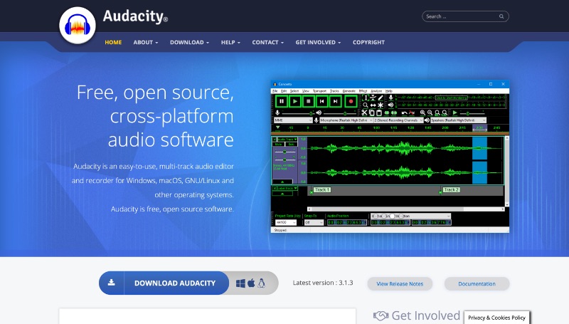 Audacityウェブサイトのスクリーンショット