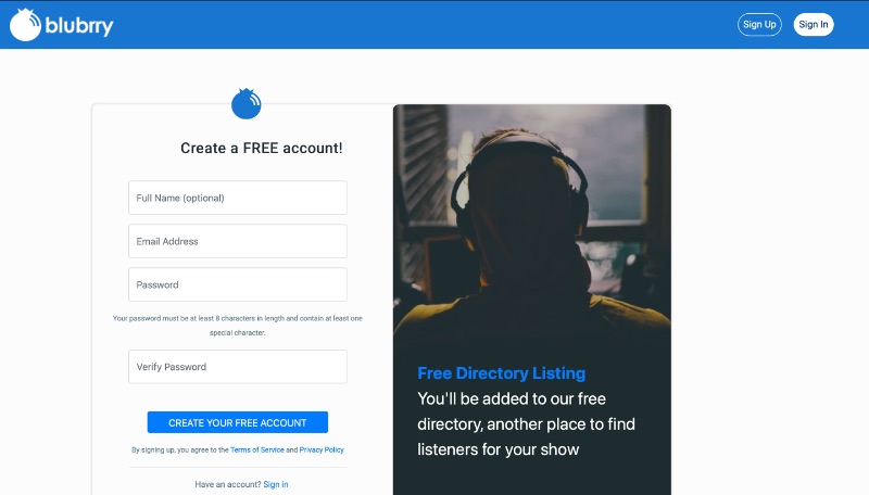 Blubrryアカウントのサインアップスクリーンショット