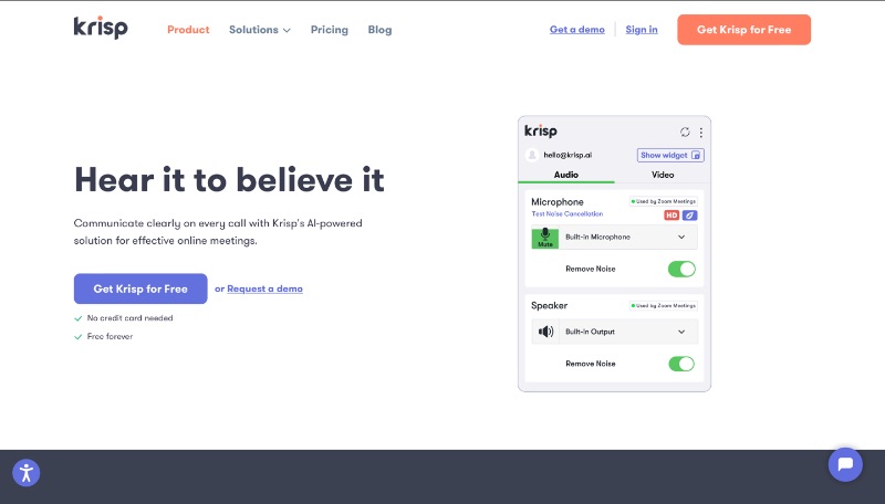 Krispノイズキャンセリングアプリのウェブサイトのスクリーンショット