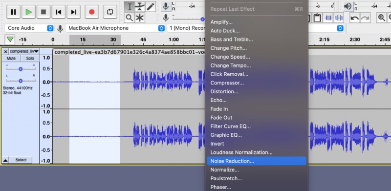 Audacityノイズリダクションツールのスクリーンショット