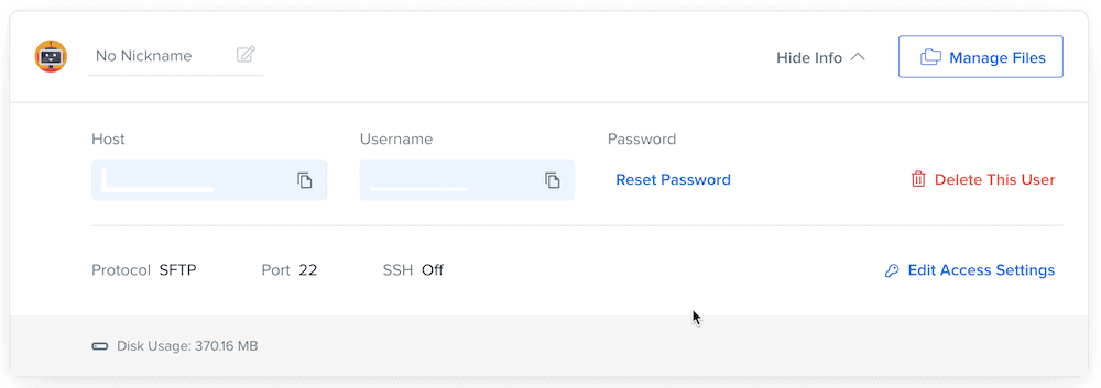 Visualizzazione delle credenziali SFTP in un host web.