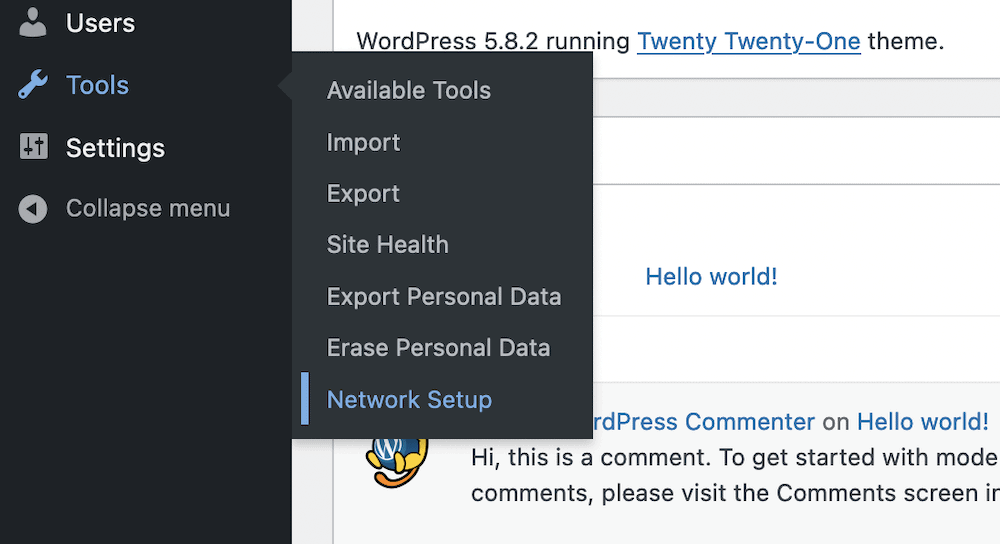 WordPress 中的网络设置链接。