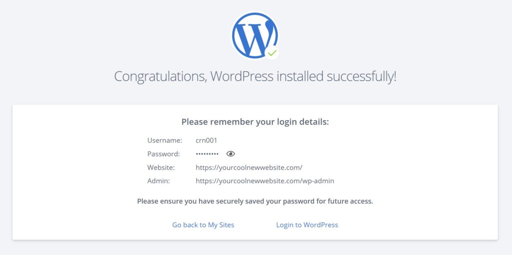 Bluehost WordPress 安装成功消息