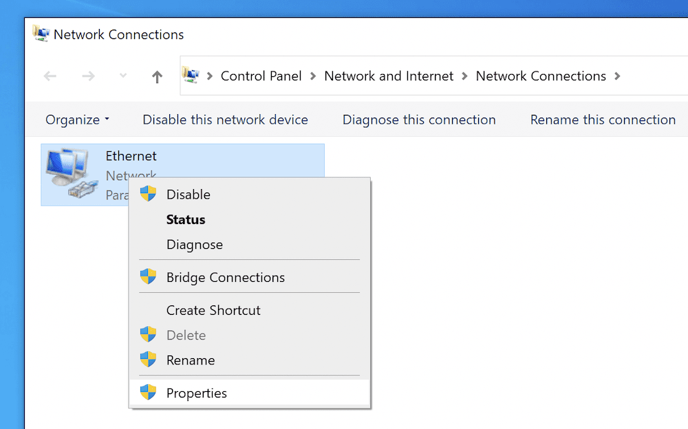 Windowsのネットワーク接続の右クリックコンテキストメニューからプロパティを選択します。