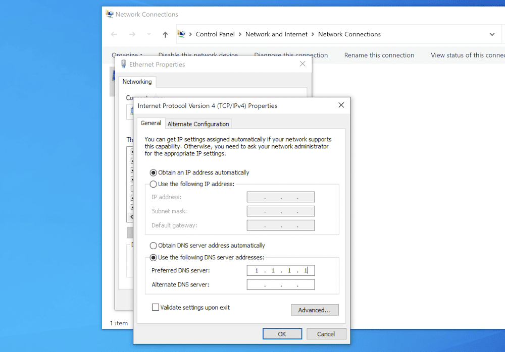 WindowsのTCP/IPv4プロパティに新しいDNSサーバー設定を追加します。