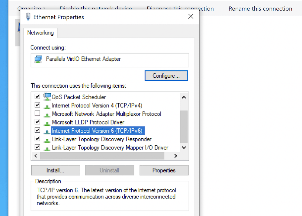 Windowsの[イーサネットのプロパティ]タブでTCP/IPv6オプションを選択します。