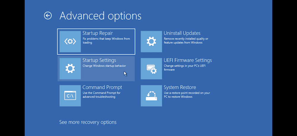 Windowsの詳細オプション内のスタートアップ設定オプション。