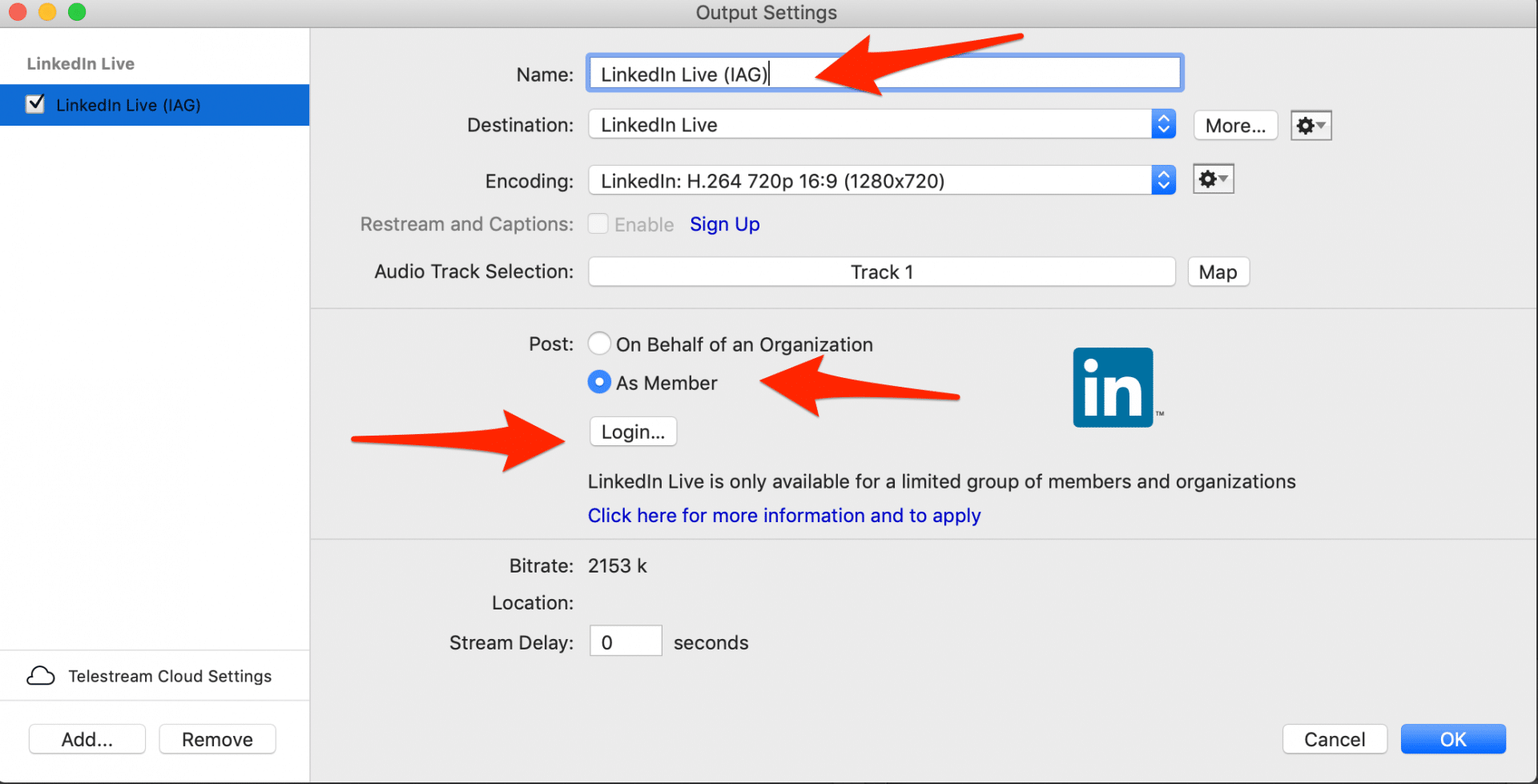 Paramètres LinkedIn Live dans Wirecast