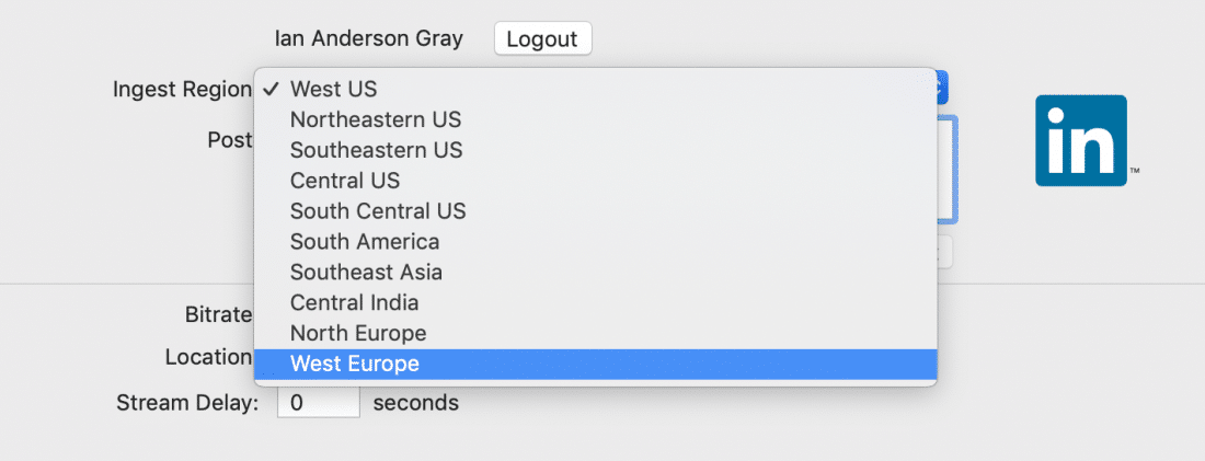Ingérer la région pour LinkedIn dans Wirecast